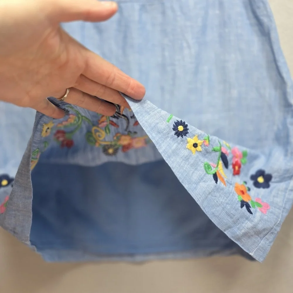Talbots Floral Embroidered Linen Skirt Womens 2 Lined Short Boho‎ Colorful Blue